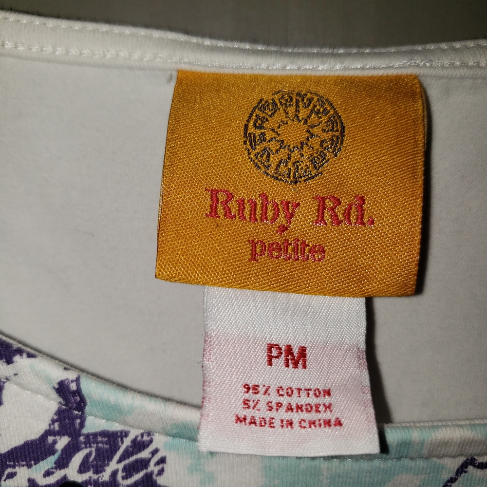 Ruby Rd Petite Embellished Floral Script Top Teal… - image 4